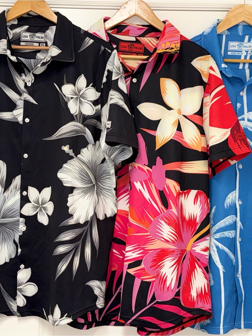 USA PALM Men’s Black Hawaiian Button-Down Shirt with Pink & Red Floral Print